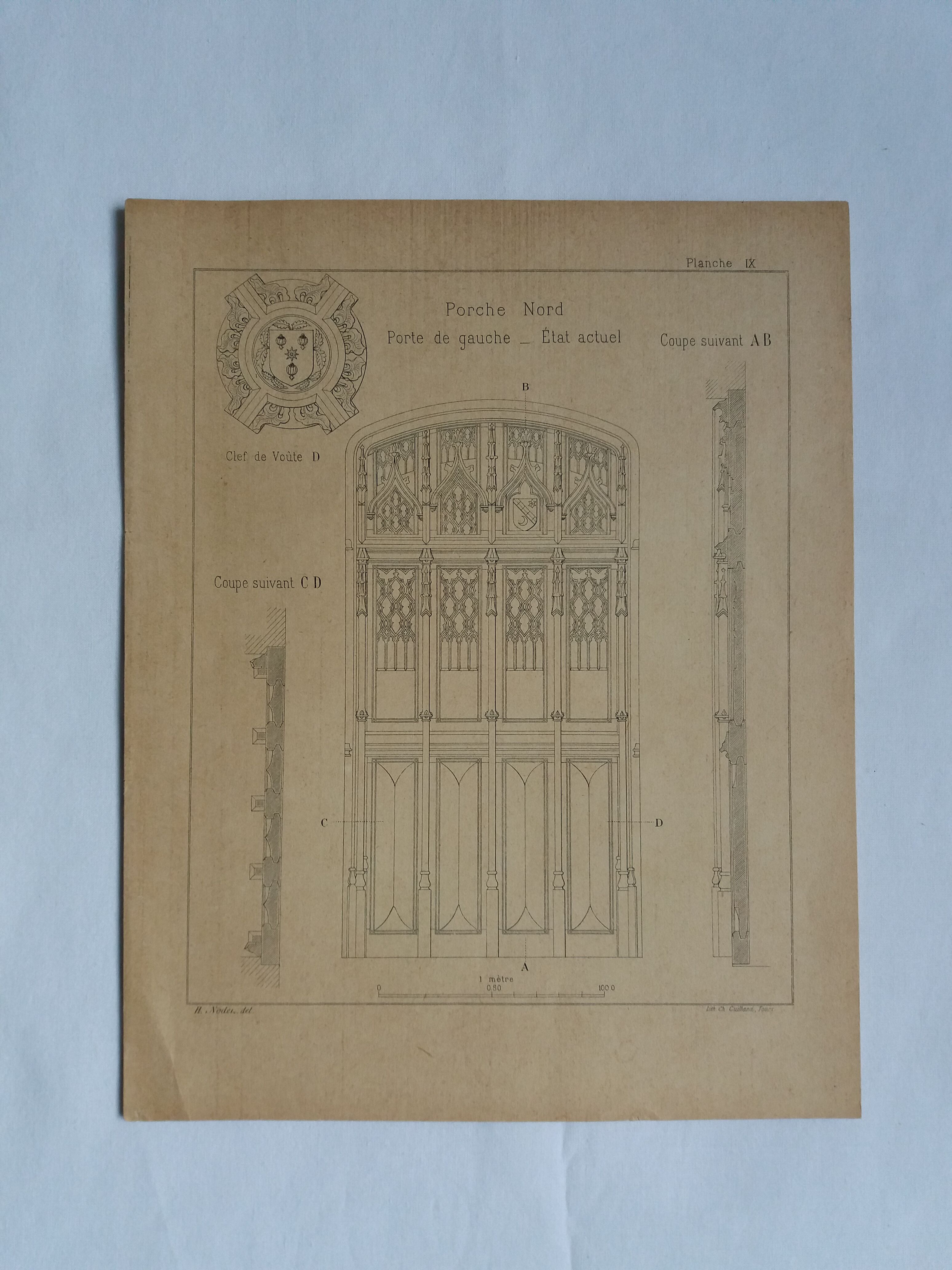 Ancient lithograph architecture detail of the porch of a church