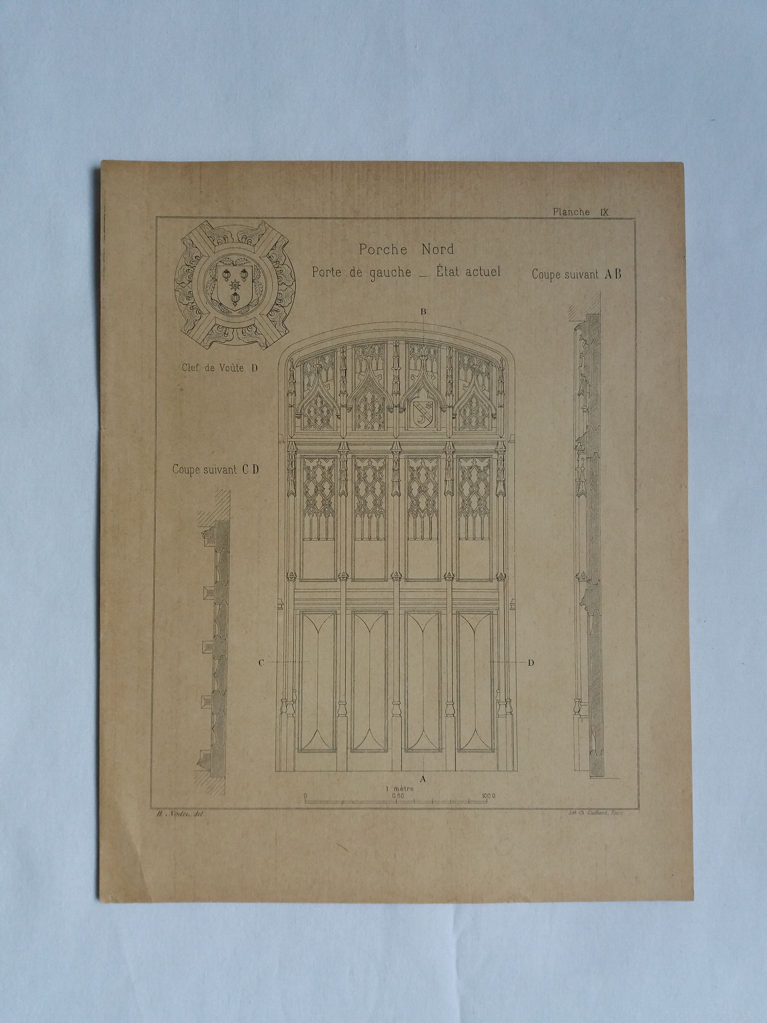 Lithographie ancienne architecture détail du porche d'une église