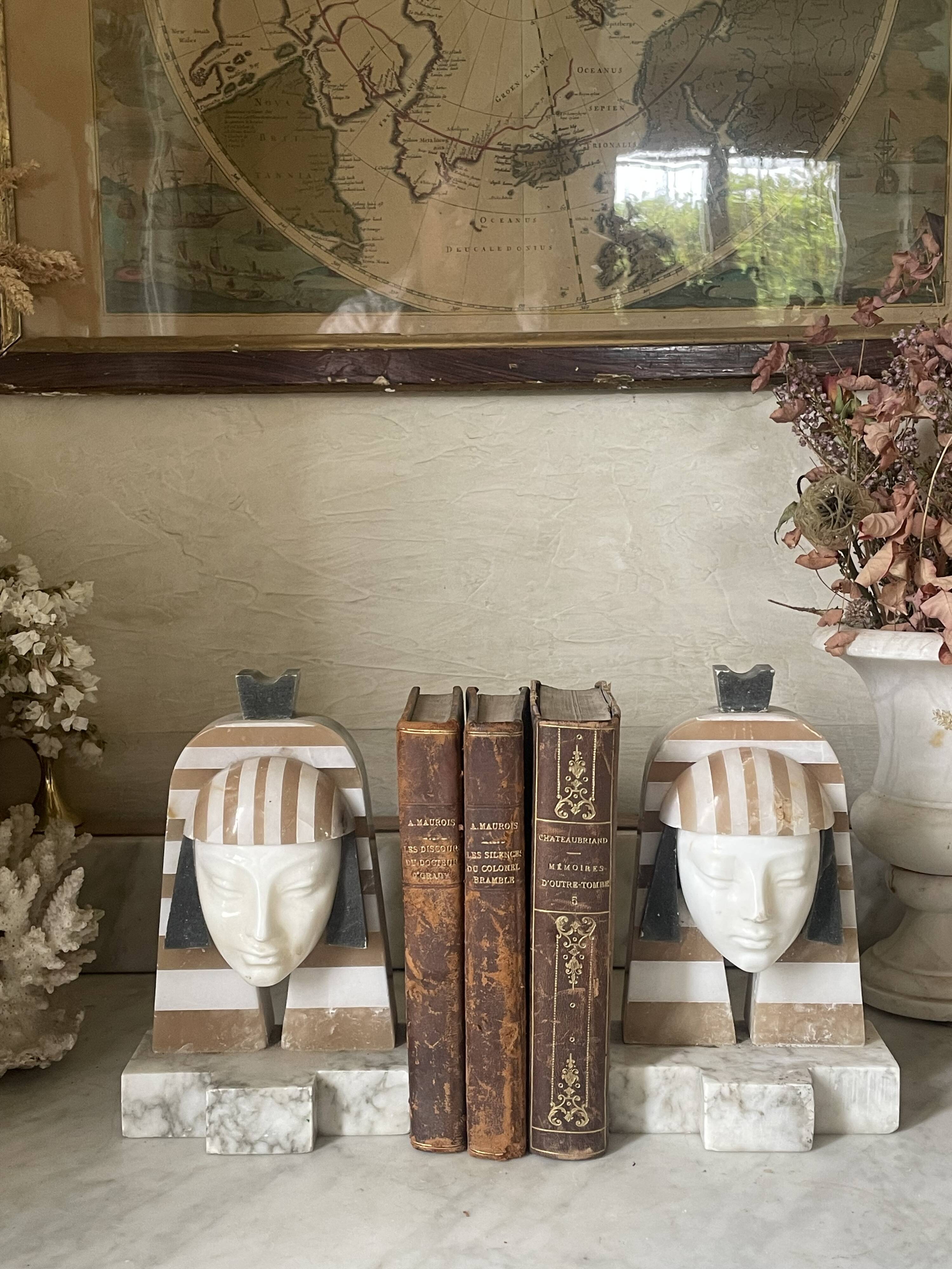 Art Deco "Egyptian Revival" pair of bookends in carved alabaster