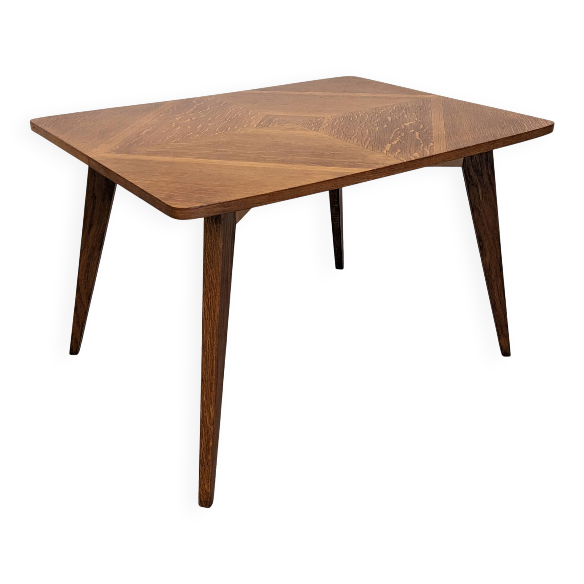 Modernist coffee or side table in oak marquetry, France 1960.