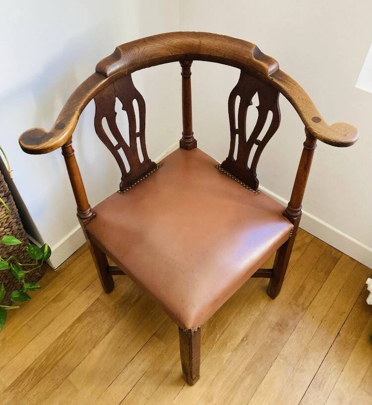 19th century corner armchair in solid pegged oak and imitation leather