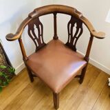 19th century corner armchair in solid pegged oak and imitation leather