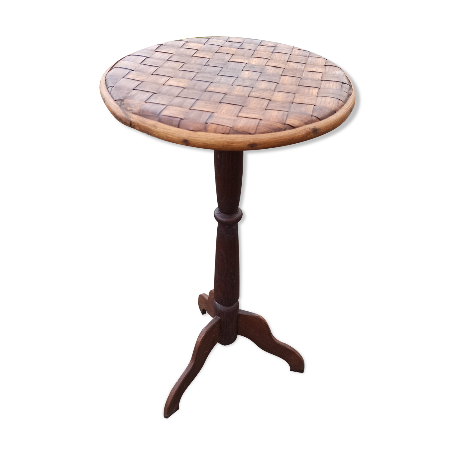 Braided chestnut harness small round side table on console tripod