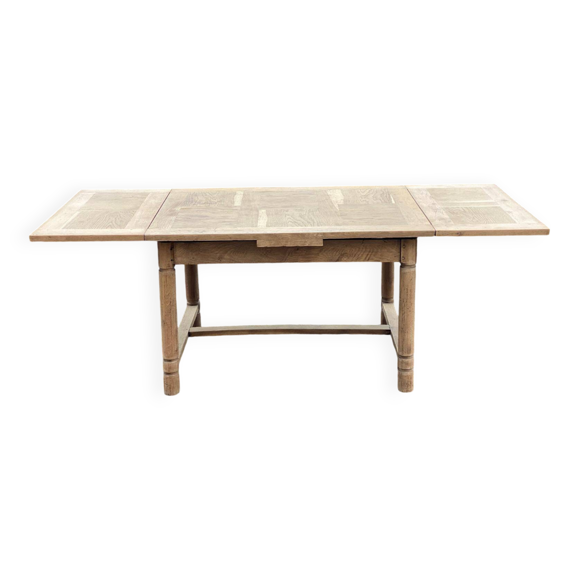 Renovated extendable farmhouse table in raw solid wood and marquetry 210cm