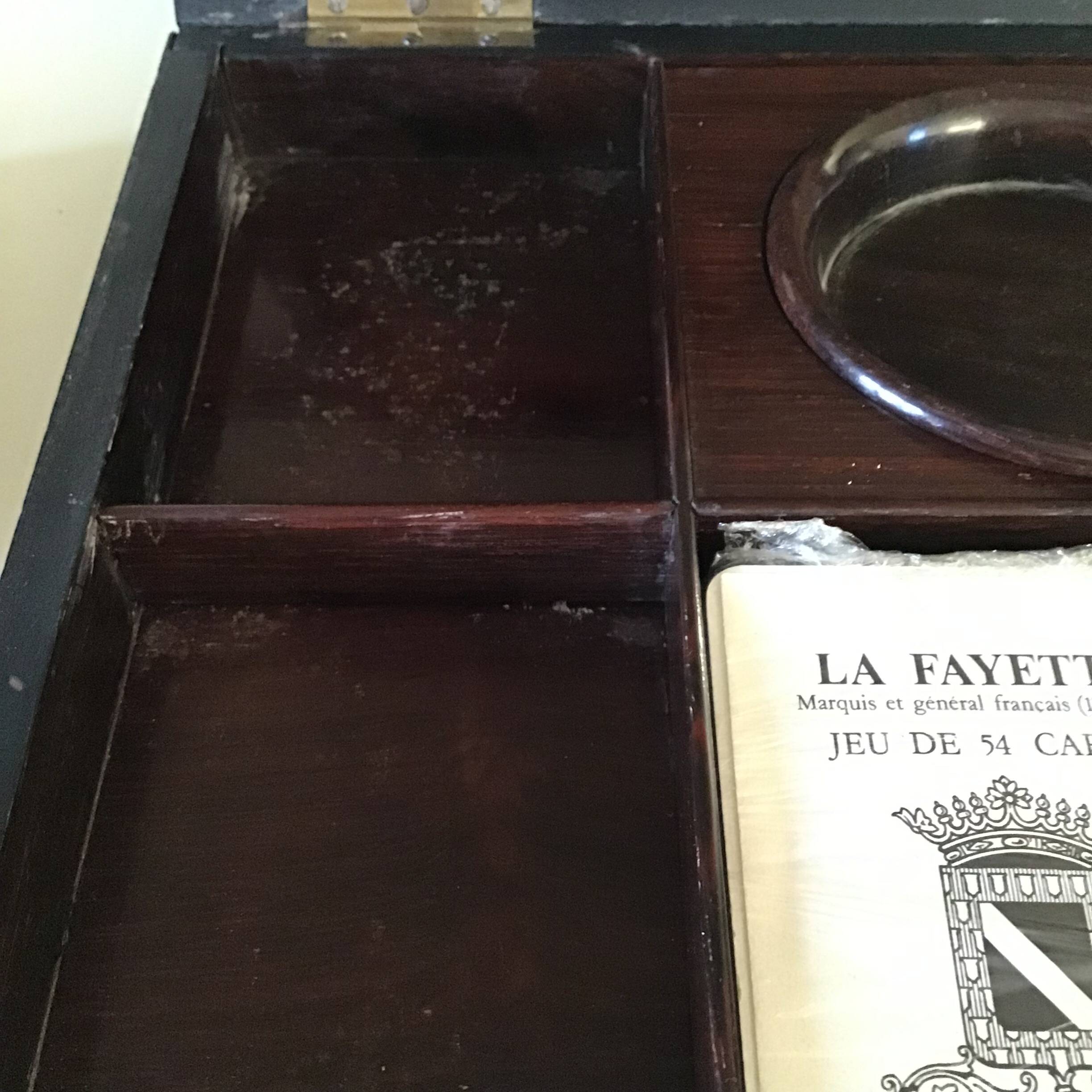 Complete mahogany wood game set with pawns, cards, and score pieces