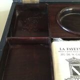 Complete mahogany wood game set with pawns, cards, and score pieces