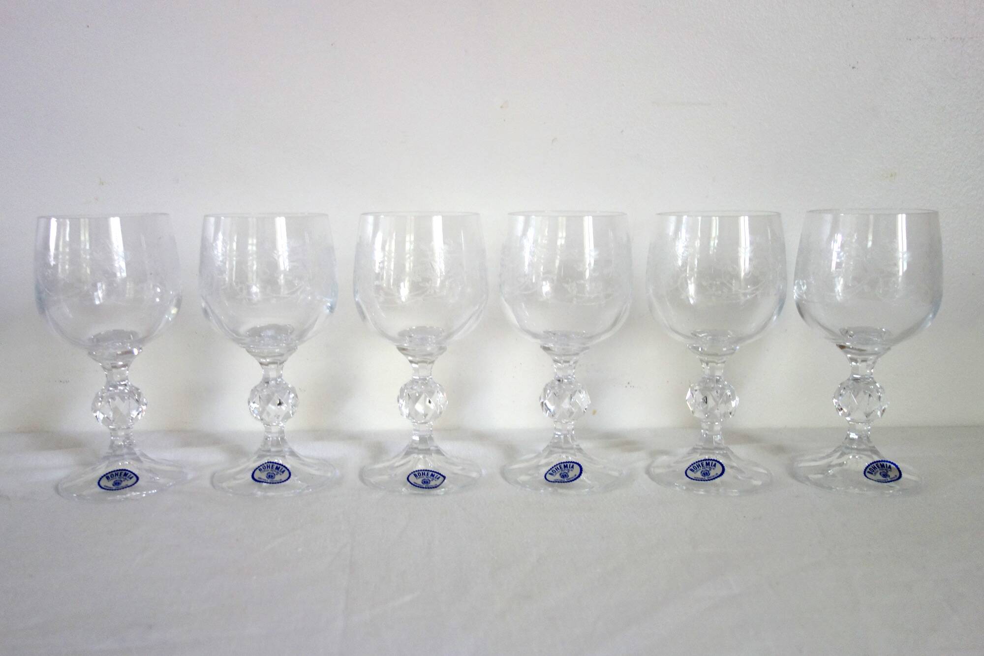 6 Bohemian Crystal Etched Wine Glasses