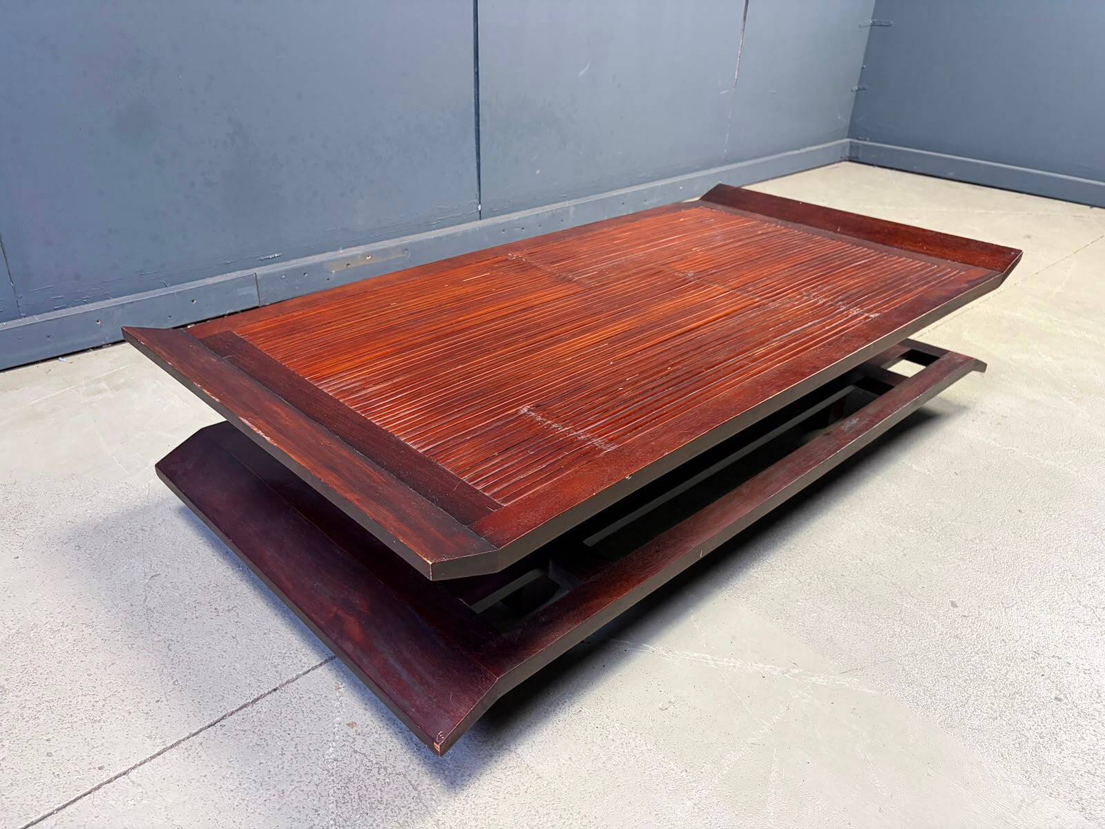 Two-tiered pagoda Wabi Sabi style coffee table in wood and bamboo, 1970s