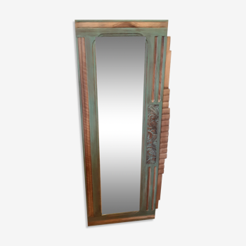 Wood mirror, art deco, flower patterns, geometric patterns, wood patina and green