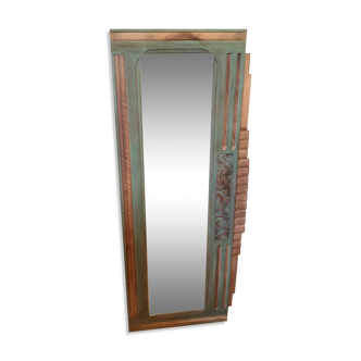 Wood mirror, art deco, flower patterns, geometric patterns, wood patina and green