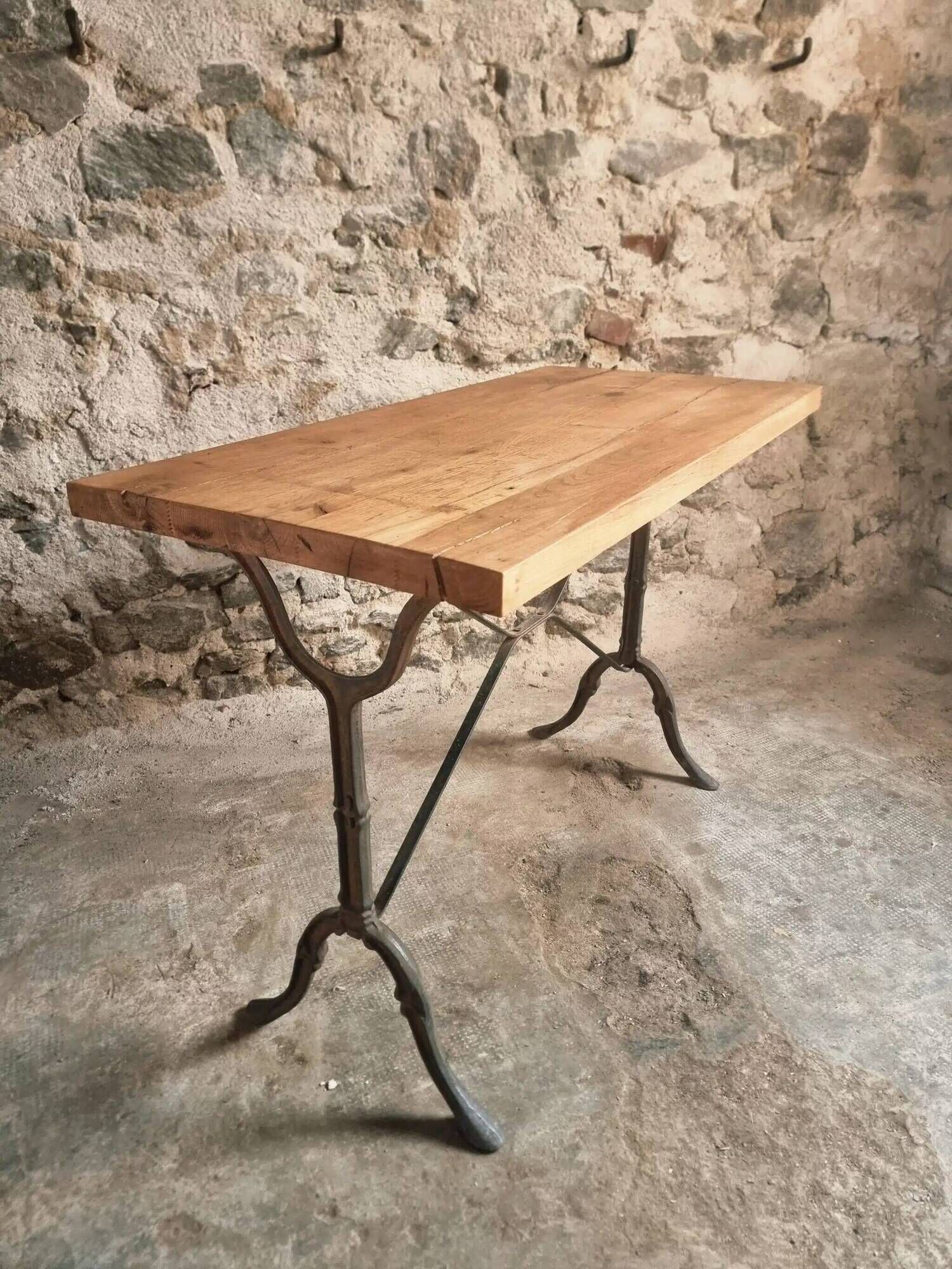Vintage French Bistro Table | 1960s/70s Oak Top & Cast Iron Base | Retro Coffee & Wine Table