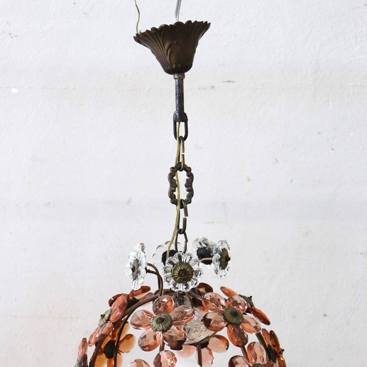 Pendant Lamp In Iron And Murano Glass, Italy Early 20th Century