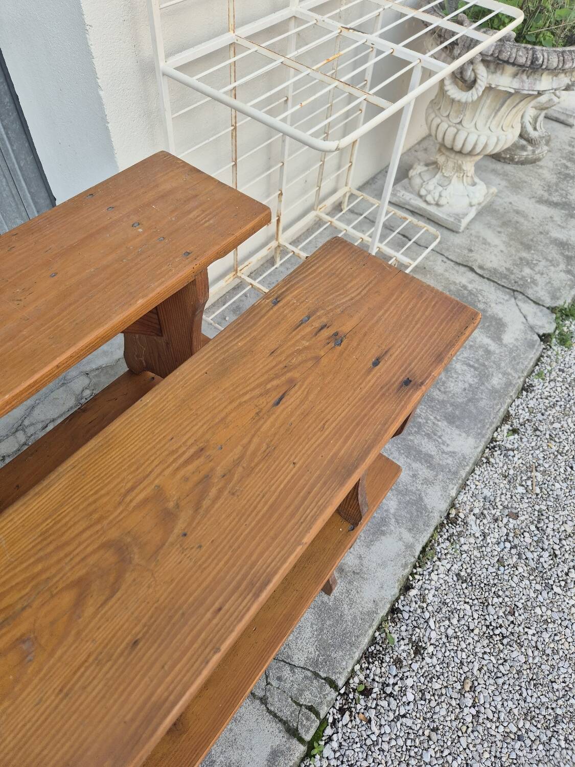 Set of 4 farm benches in old fir 1950s - 1m30