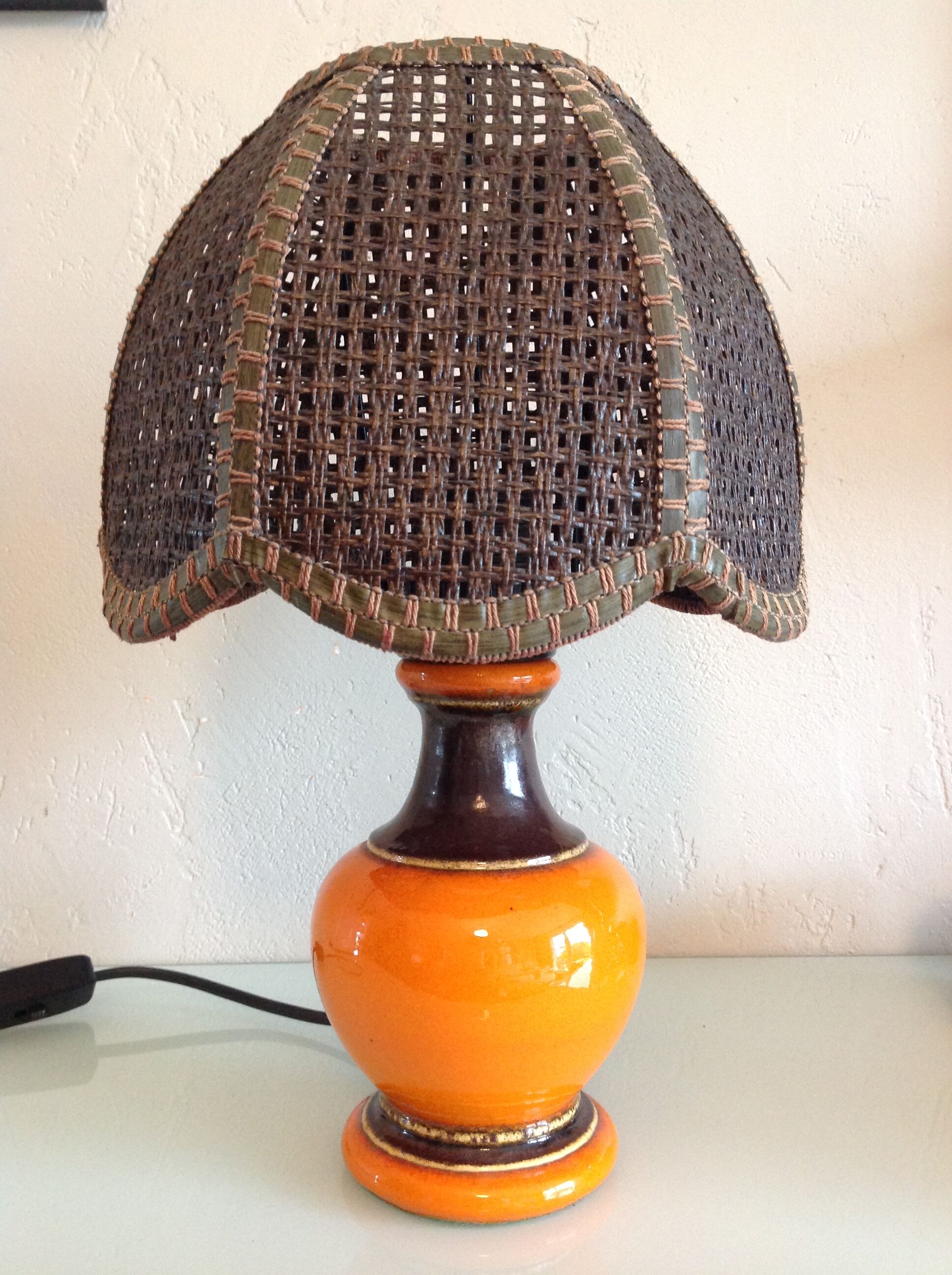 Orange ceramic lamp and brown canned lampshade by Pan Keramik / 60s-70s