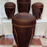 Set of four wicker baskets, rattan nesting ethnic style
