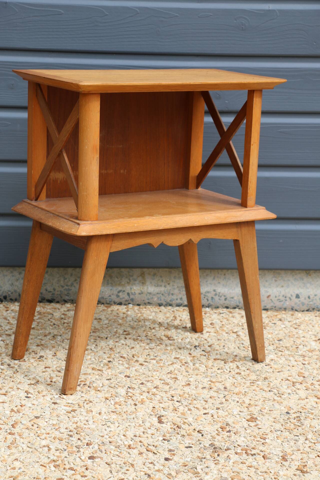 Crossed lattice bedside table veneered in oak