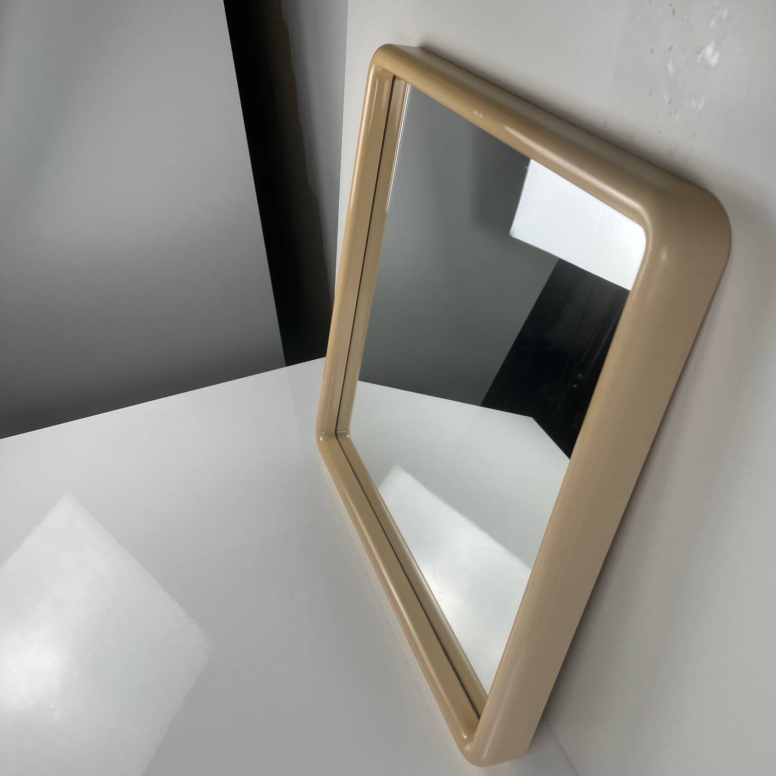 Square plastic mirror with rounded edges, cream, 1970s/80s.