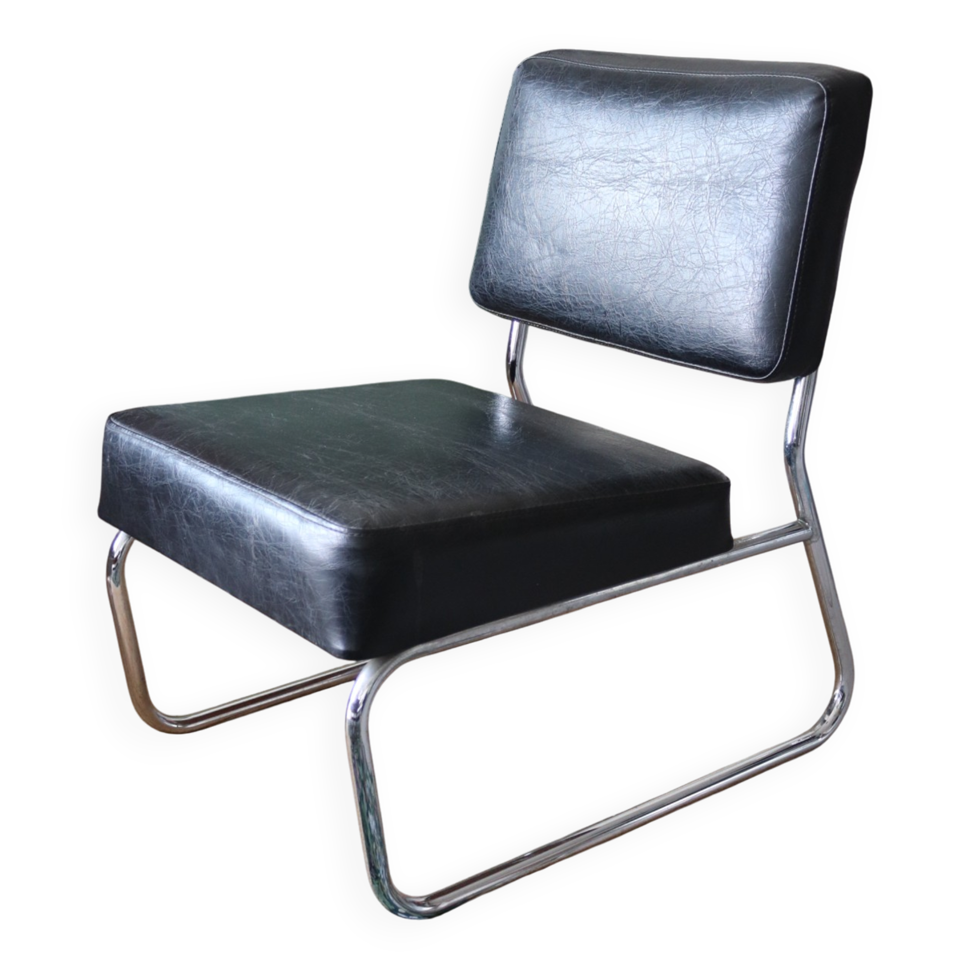 Vintage black tubular chrome armchair – 1970s