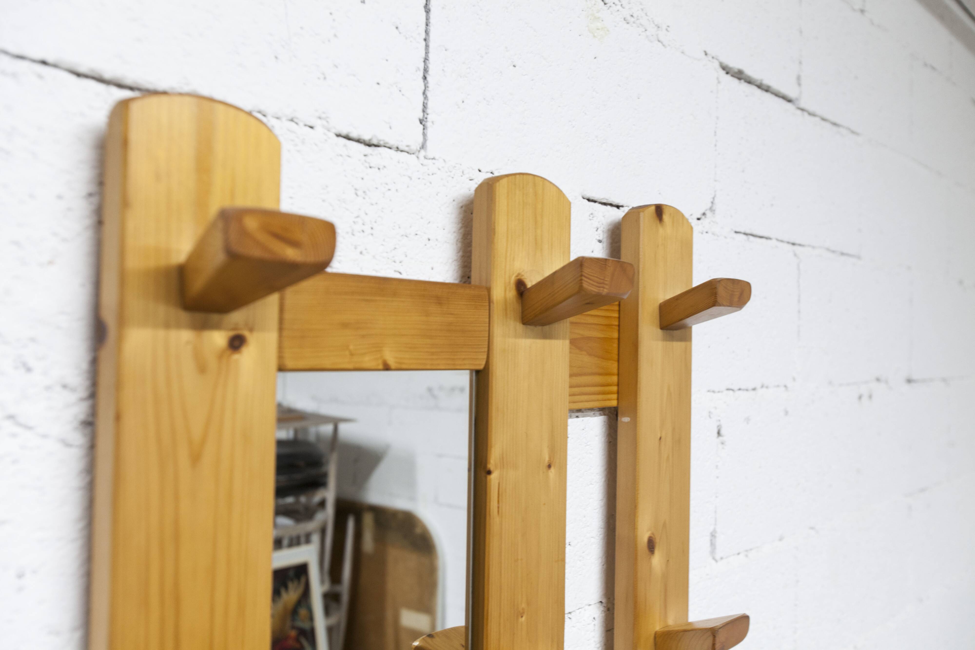 Wall-mounted coat rack, mountain style, pine, honey colour, 1970.