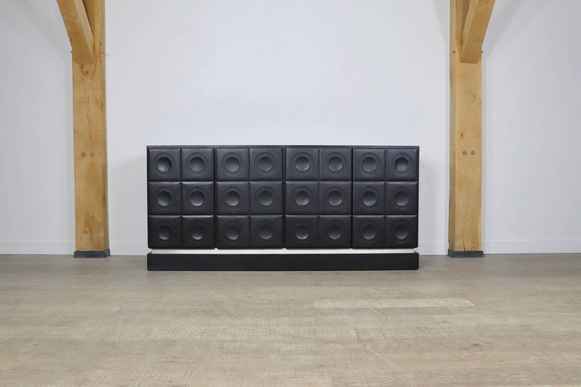 Midcentury Modern Brutalist Sideboard In Black Carved Wood And Chrome, Belgium, 1970s