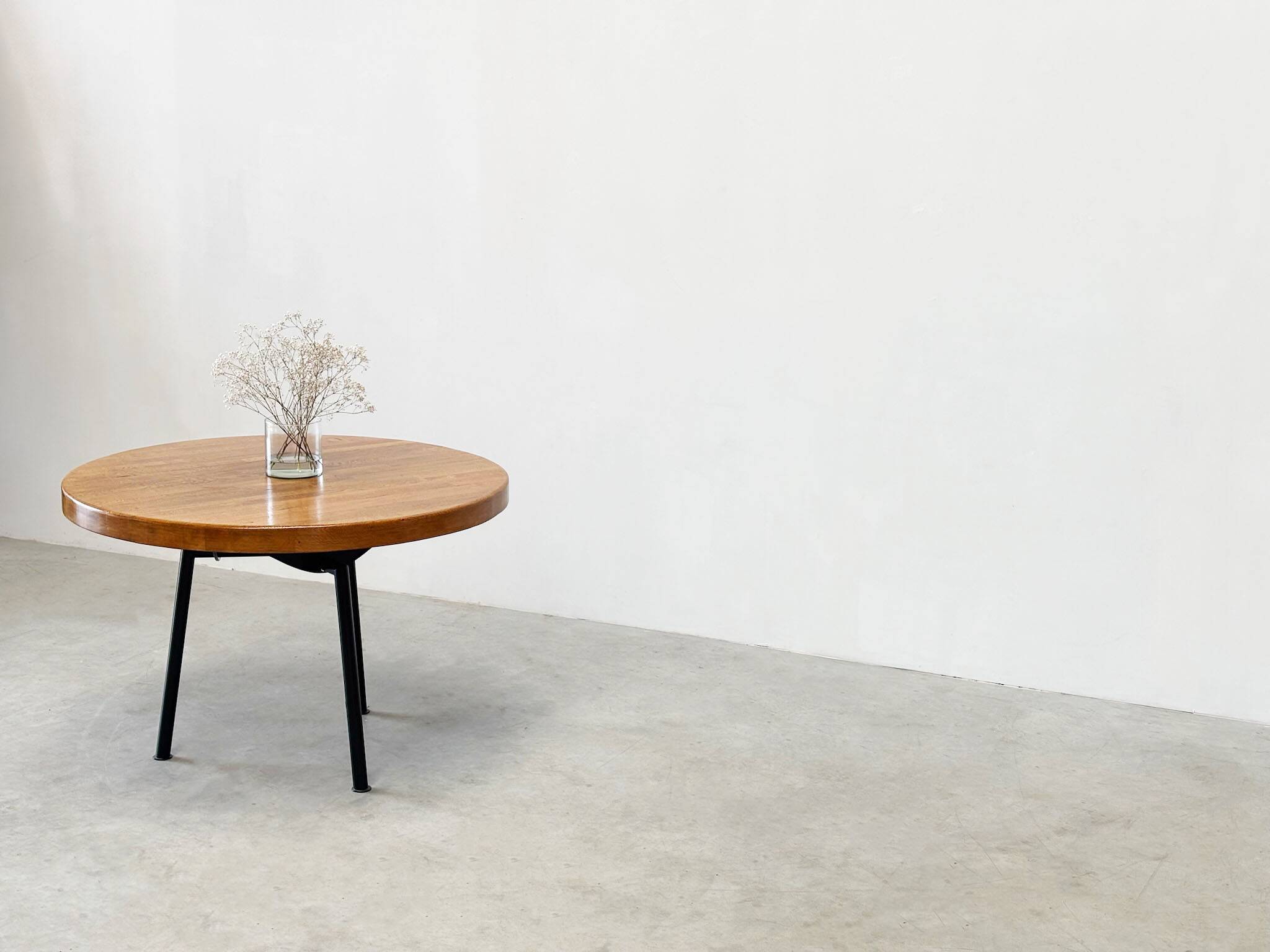 Industrial French round dining table with oak top
