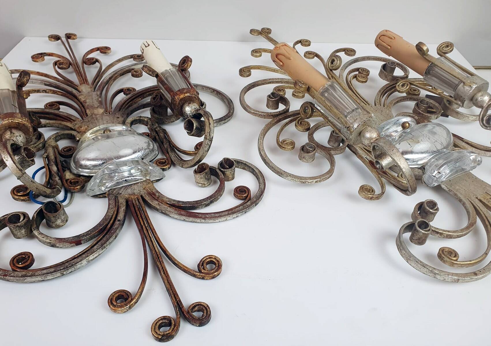Pair of Silver Wrought Iron And Glass Wall Lights by Banci, Italy, 1940s