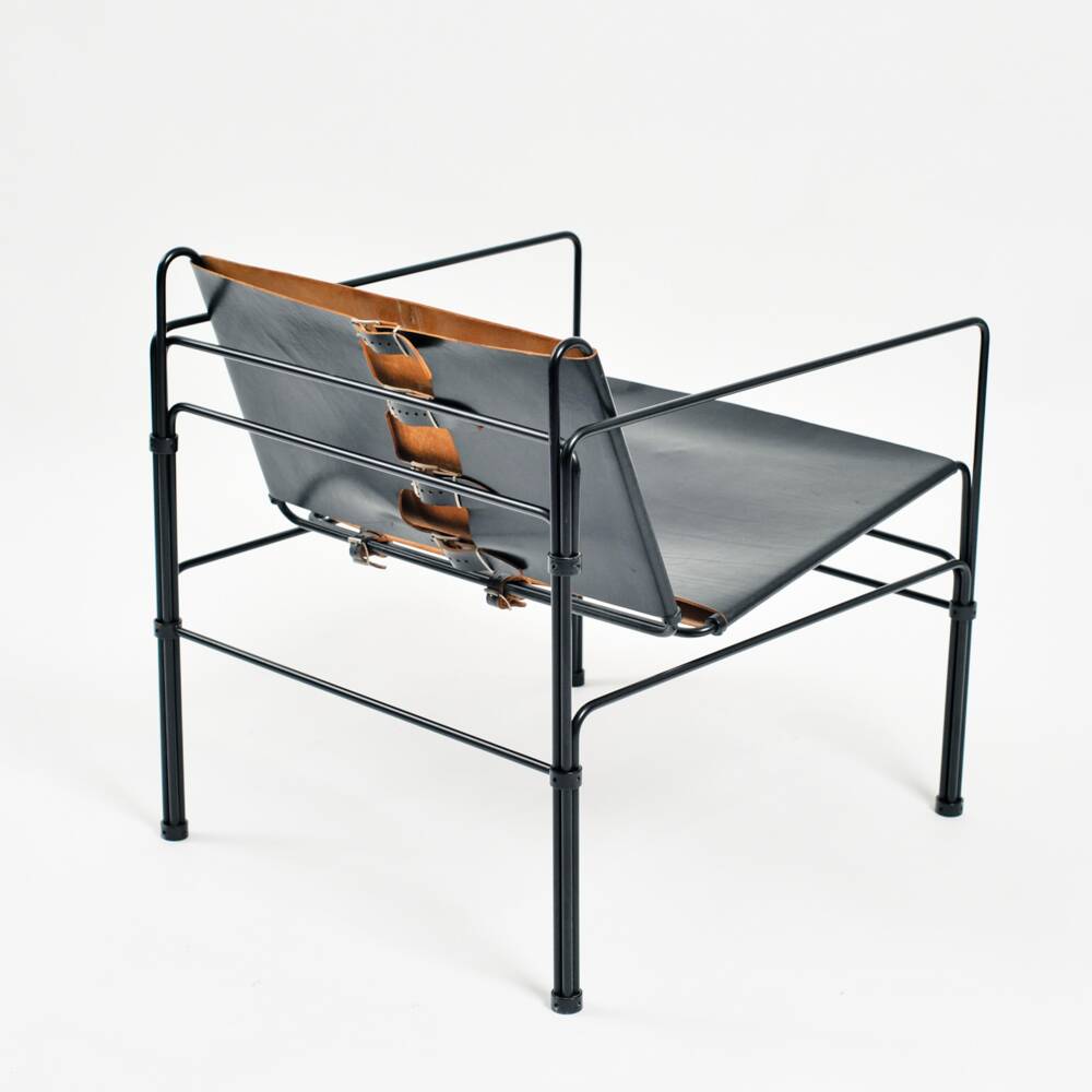 Black modernist design lounge set by Jan van Opzeeland in leather and steel bar, Netherlands, 1980s