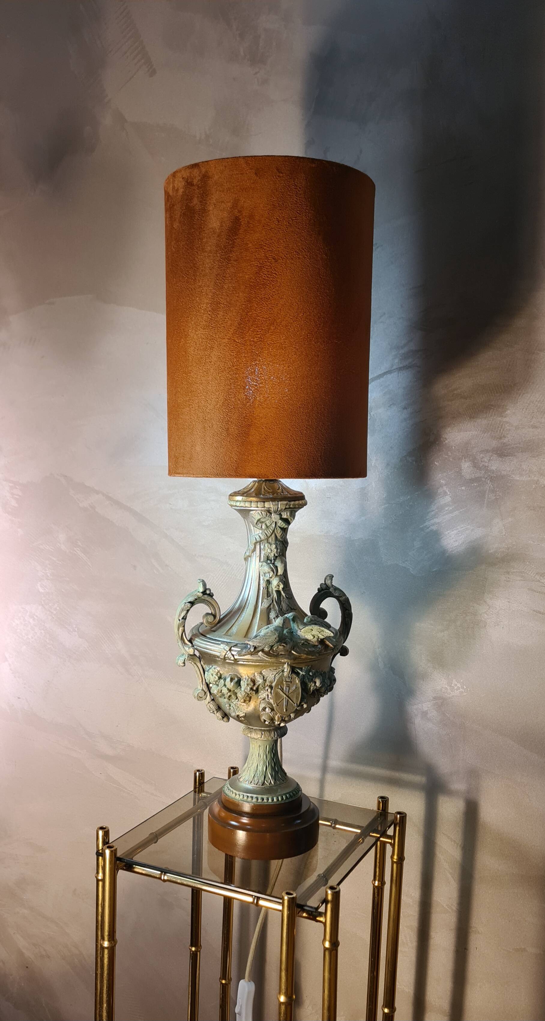 Vintage rococo style lamp, regency, regule steel patinated velvet lampshade 66x20