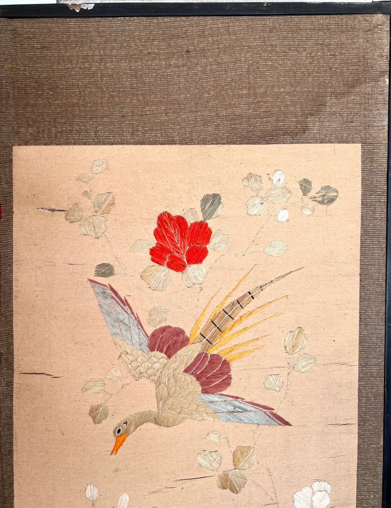 4-panel Japanese screen, 19th century, bird silk embroidery