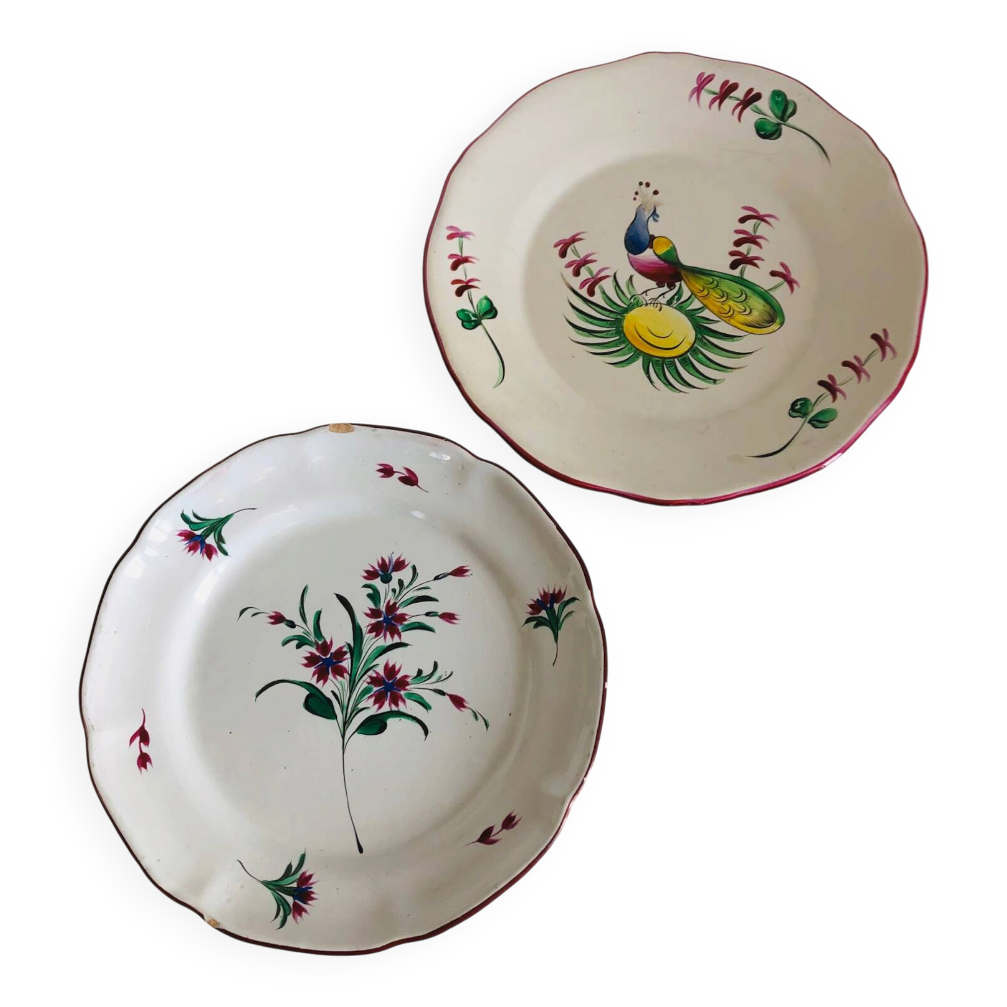 Pair of plates Les Islettes with bouquet and peacock