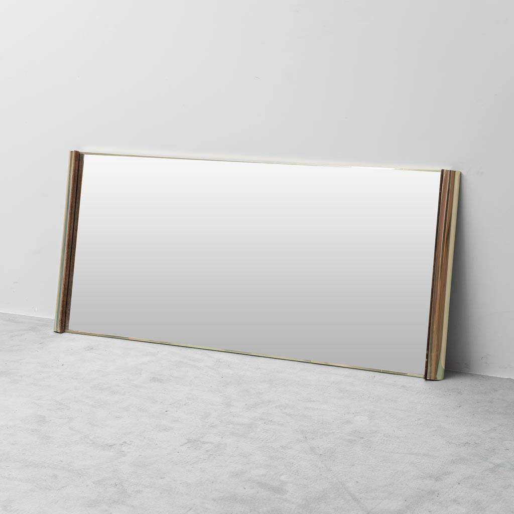 Large vintage mirror with brass and suede frame, 1970s – modernist design