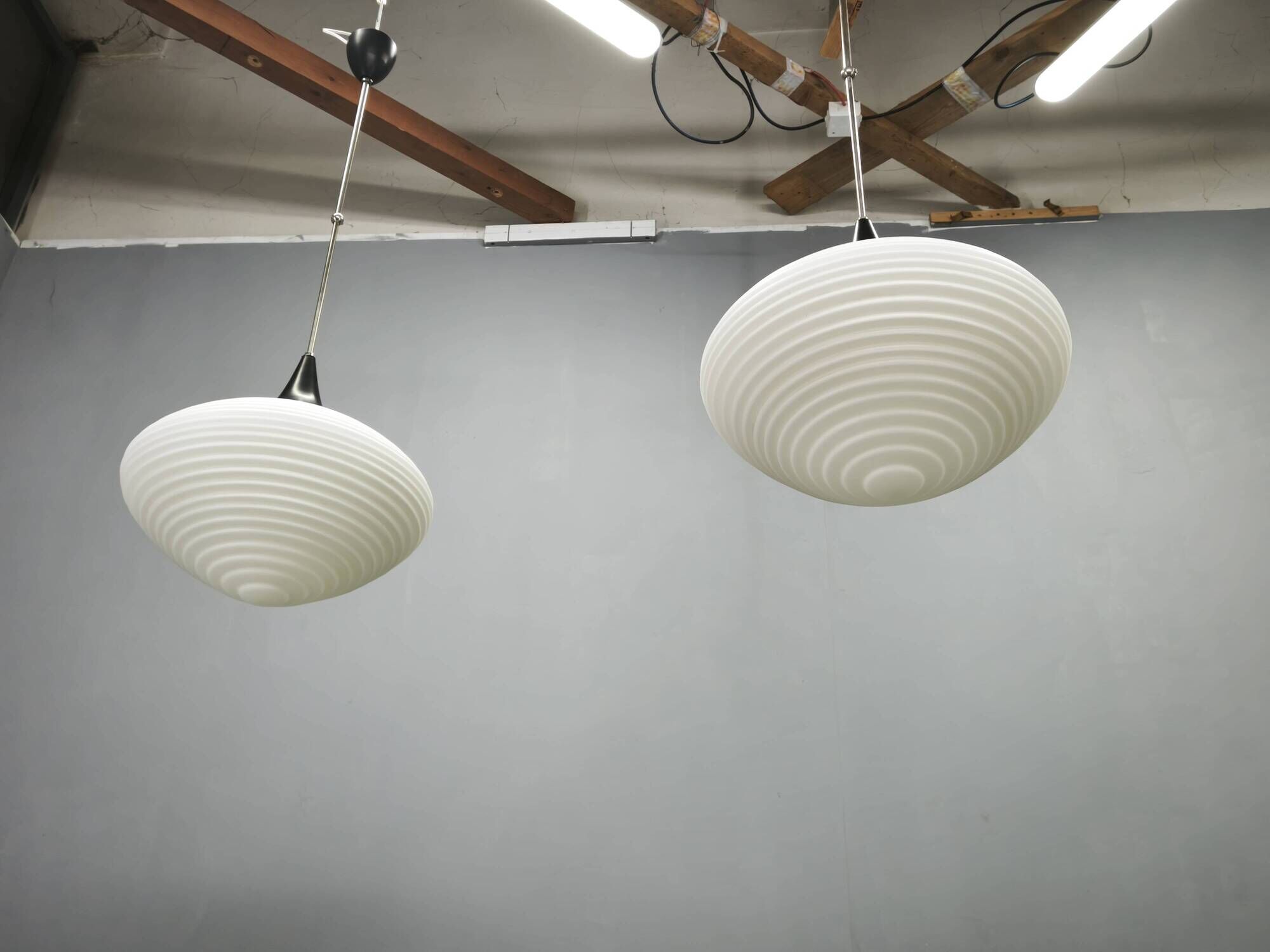 Pair of Space Age Opaline Glass Pendants, Czechoslovakia, 1970s