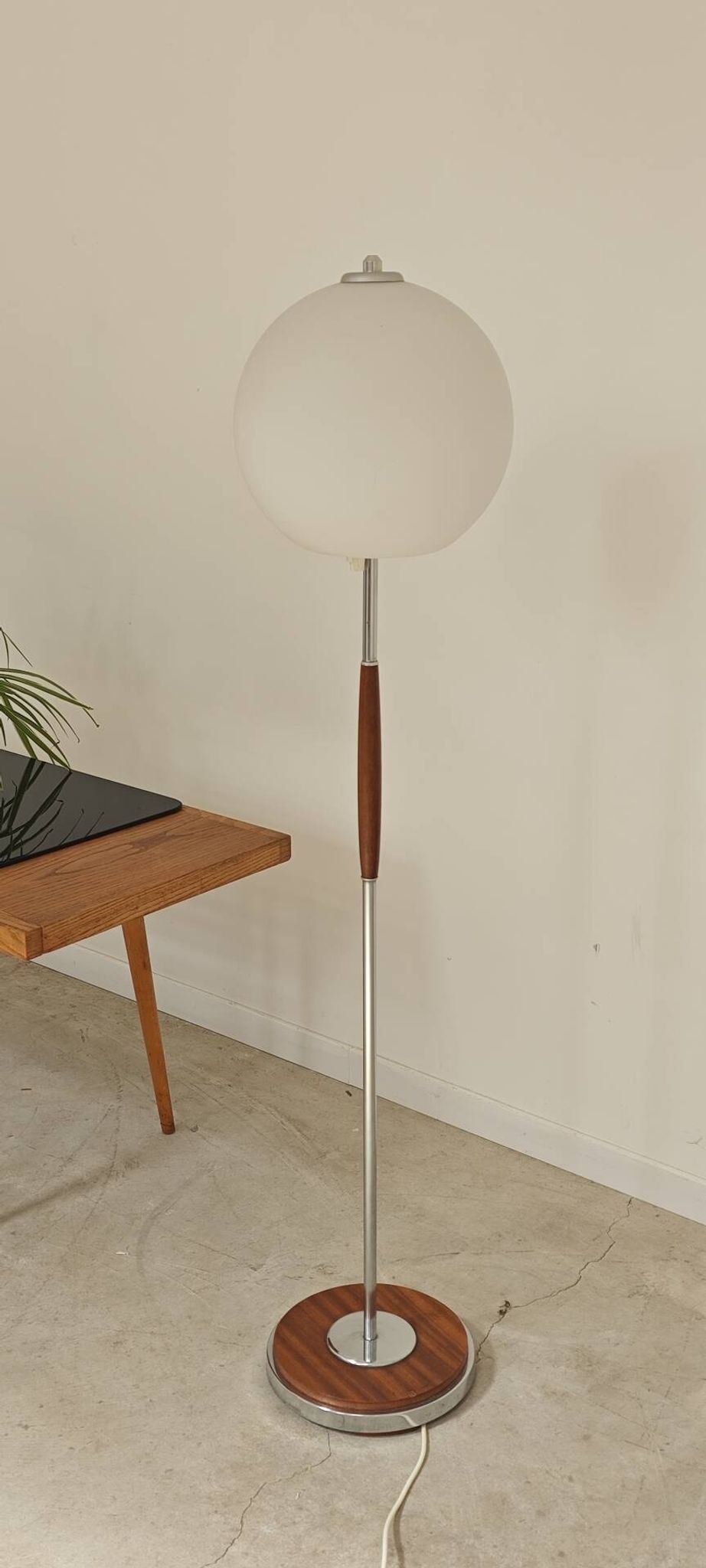 Modernist floor lamp in teak, chrome metal, opaline, Czechoslovakia 60s