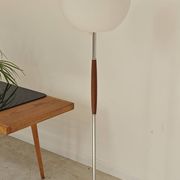 Modernist floor lamp in teak, chrome metal, opaline, Czechoslovakia 60s