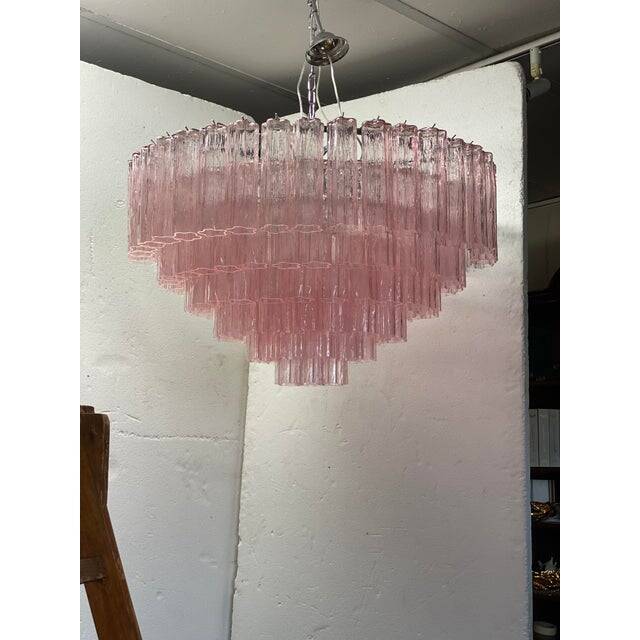 Contemporary pink "tronchi" murano glass chandelier in venini style