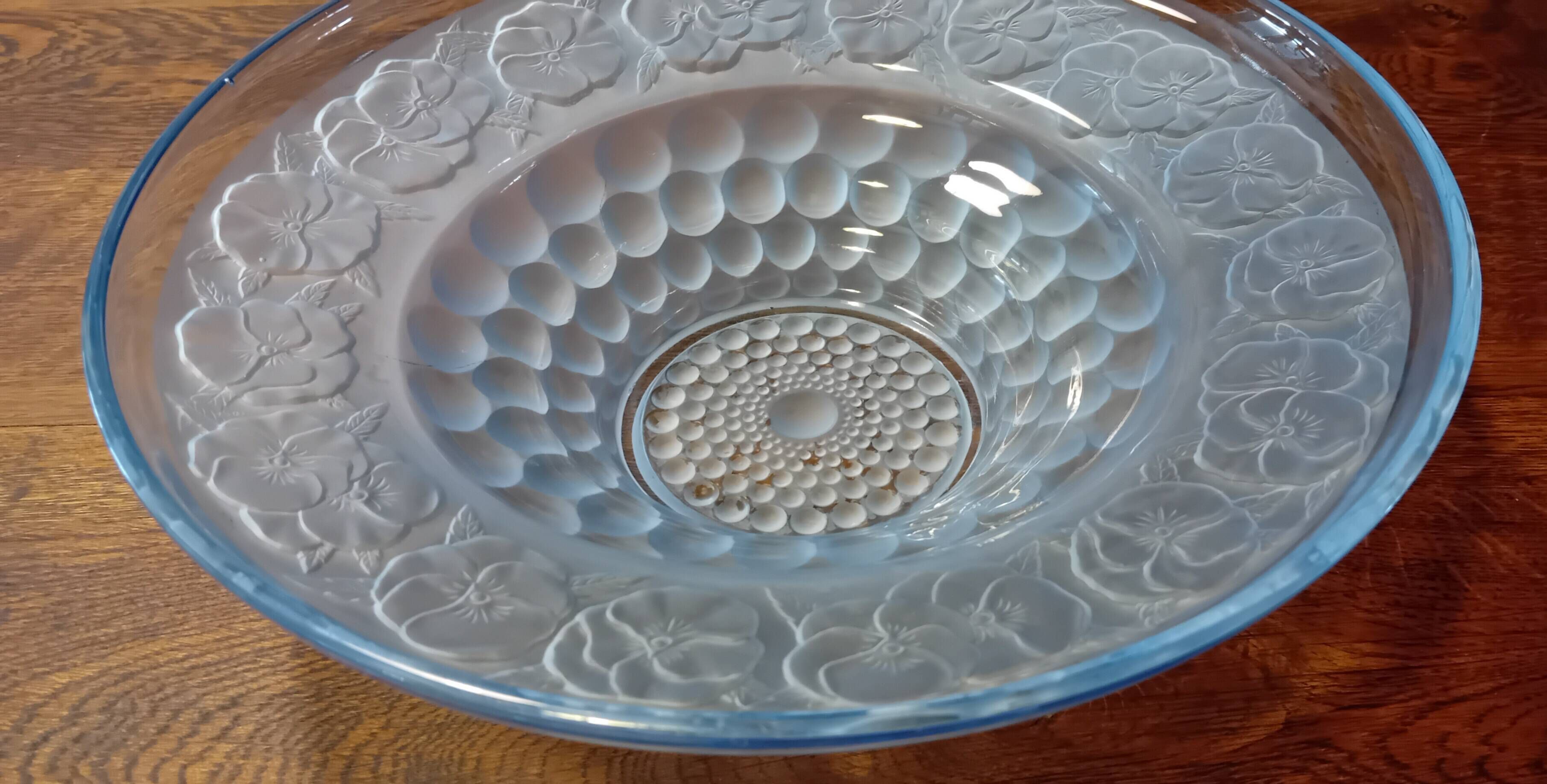 Art Deco blue glass centrepiece bowl with pansy decoration - 30 cm