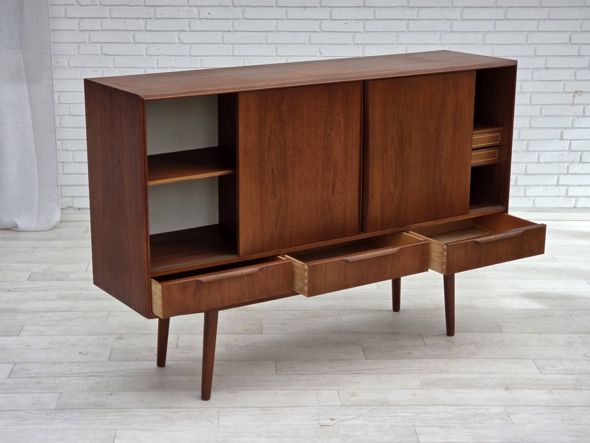 1960s, Danish chest of drawers, teak wood, mirror inside, sliding doors.