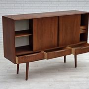 1960s, Danish chest of drawers, teak wood, mirror inside, sliding doors.