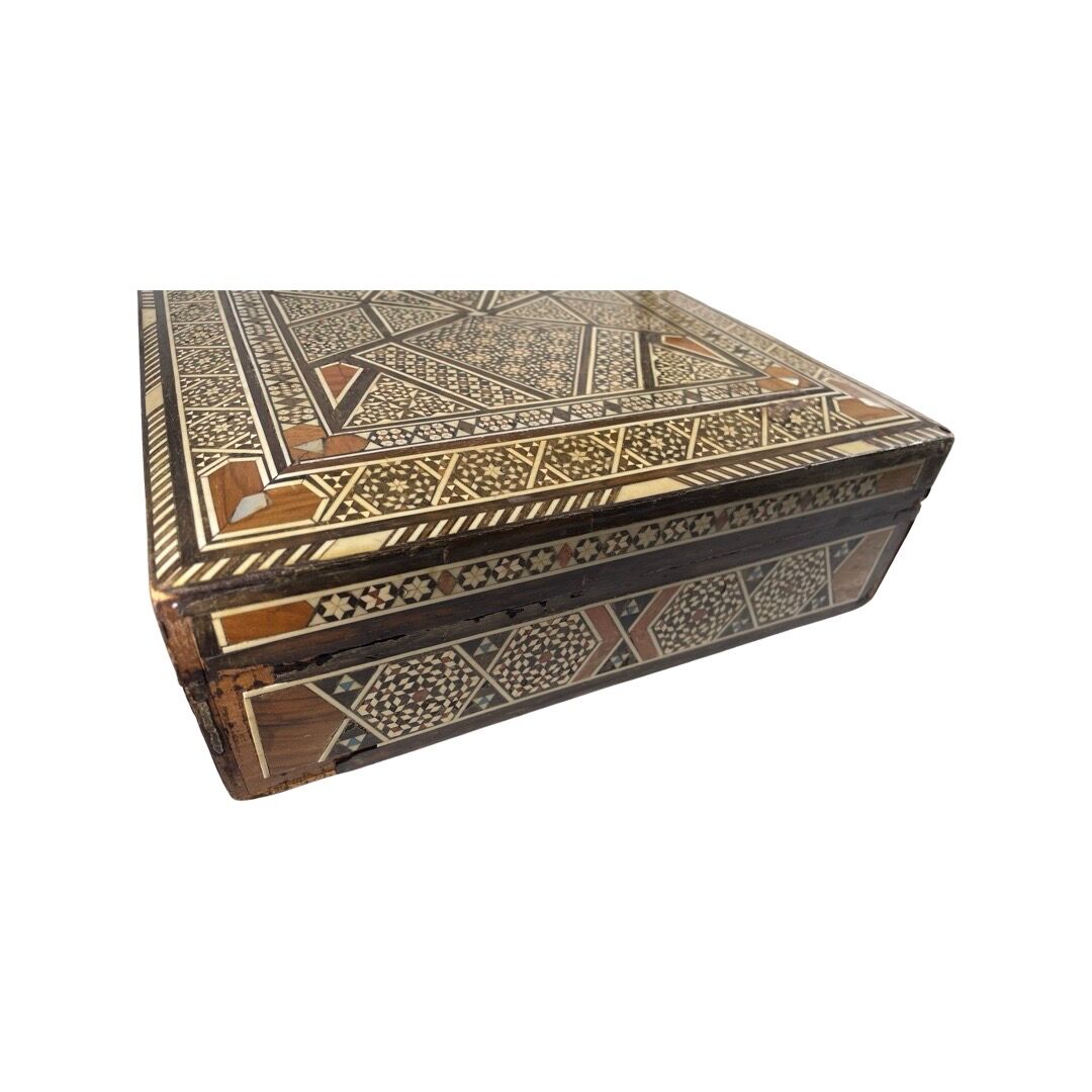 Large Persian marquetry box inlaid with its key