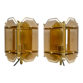 Pair of Scandinavian Vintage  wall light Sconces in Brass & Amber colored Glass