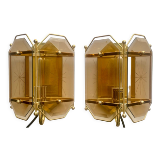 Pair of Scandinavian Vintage  wall light Sconces in Brass & Amber colored Glass