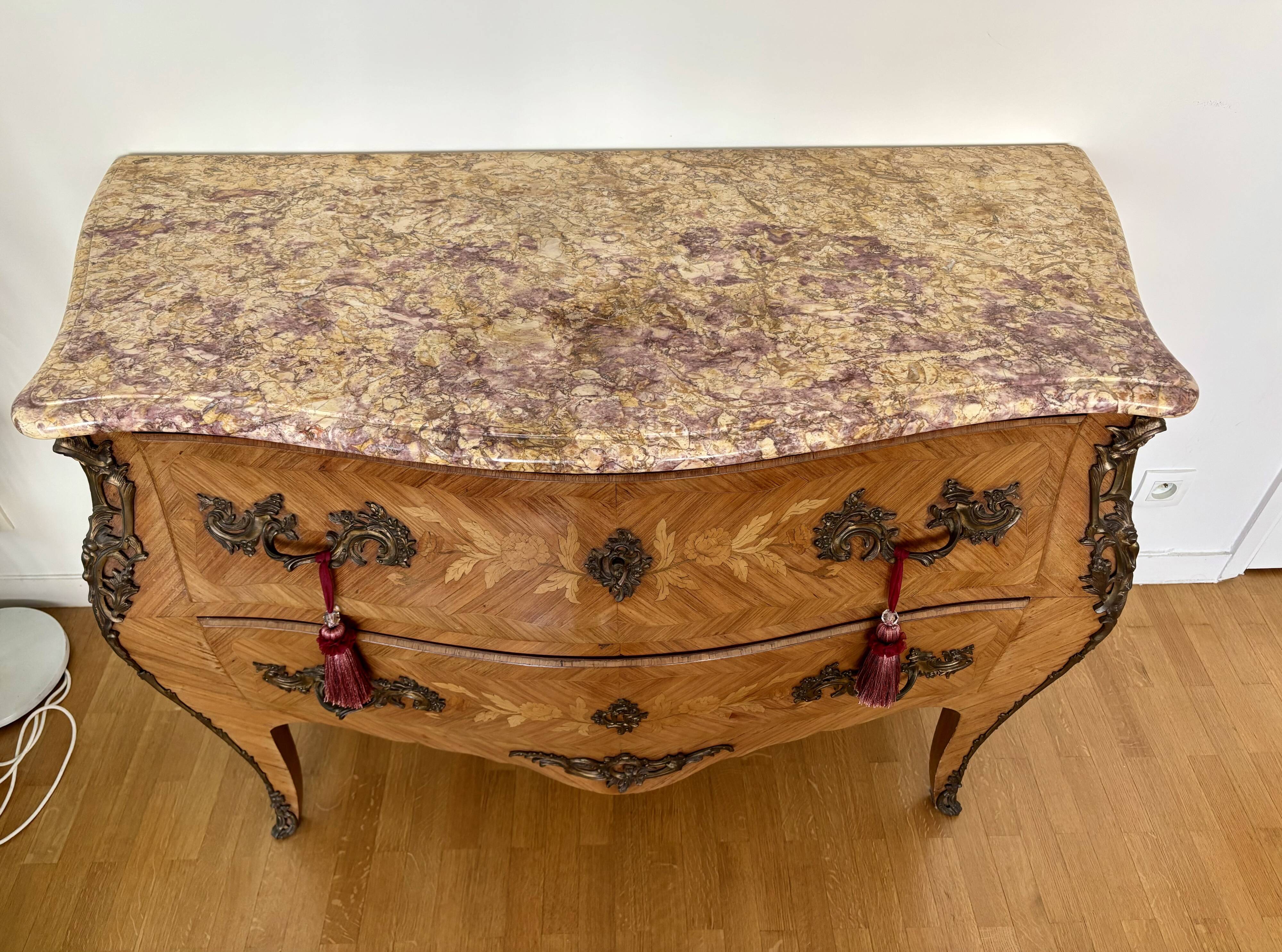 Louis XV style curved chest of drawers with floral marquetry and marble top
