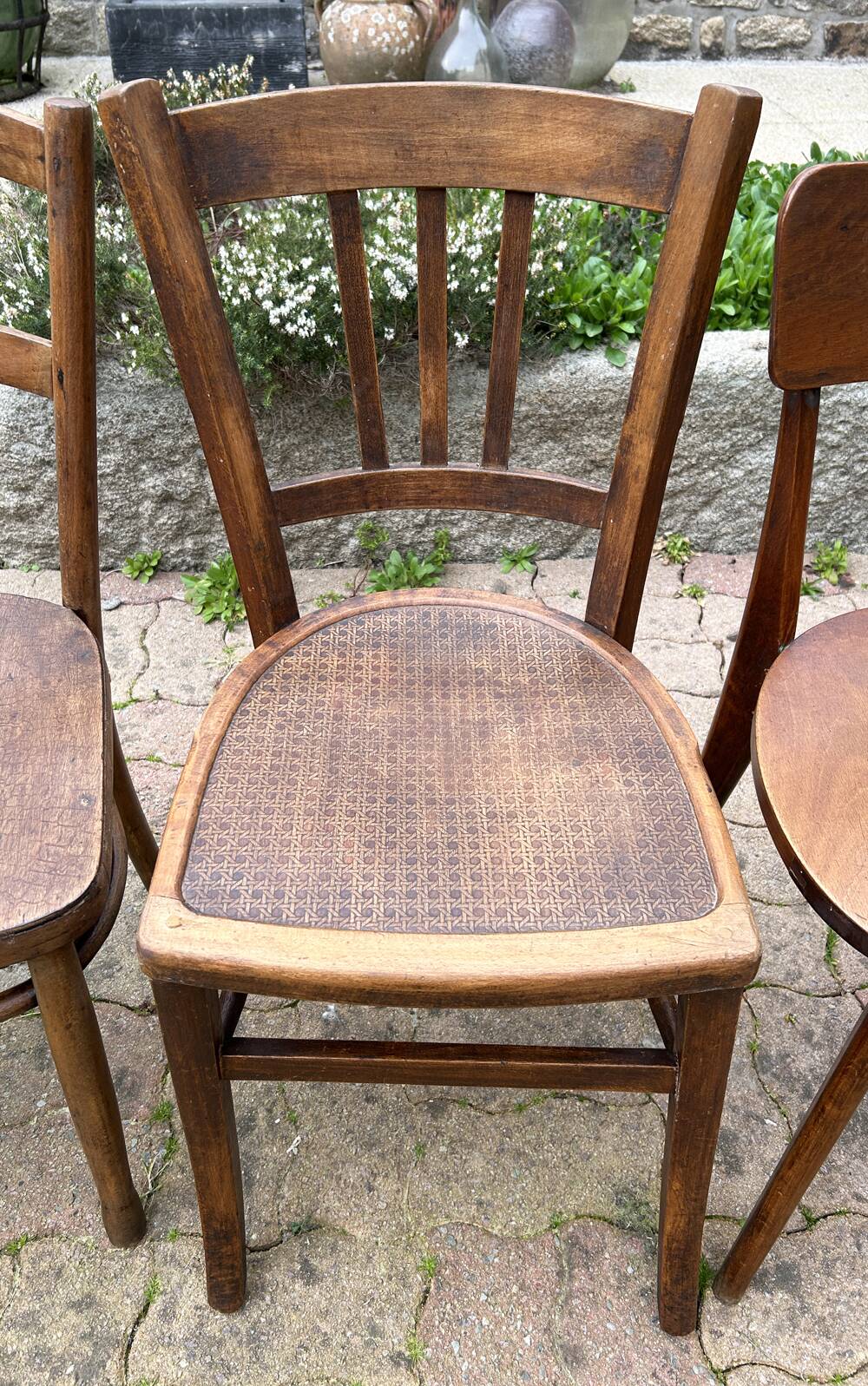 Set of 8 vintage bistro chairs, 50s, 60s, dark oak.