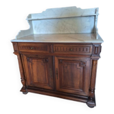 Meuble de toilette ancien, bois massif, style Henri II, plateau marbre