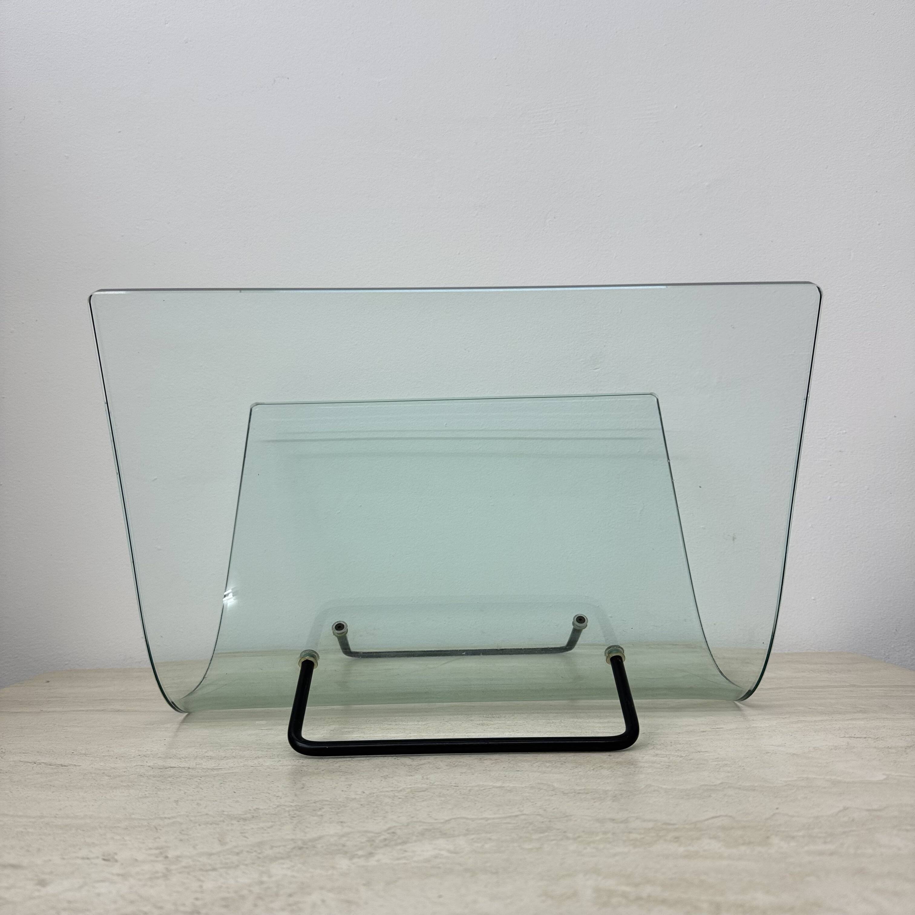 Post modern Fiam Italy curved glass magazine rack , 1980’s