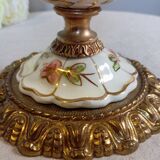 Baroque inspired table lamp, bronze, ceramic flowers and glass globe