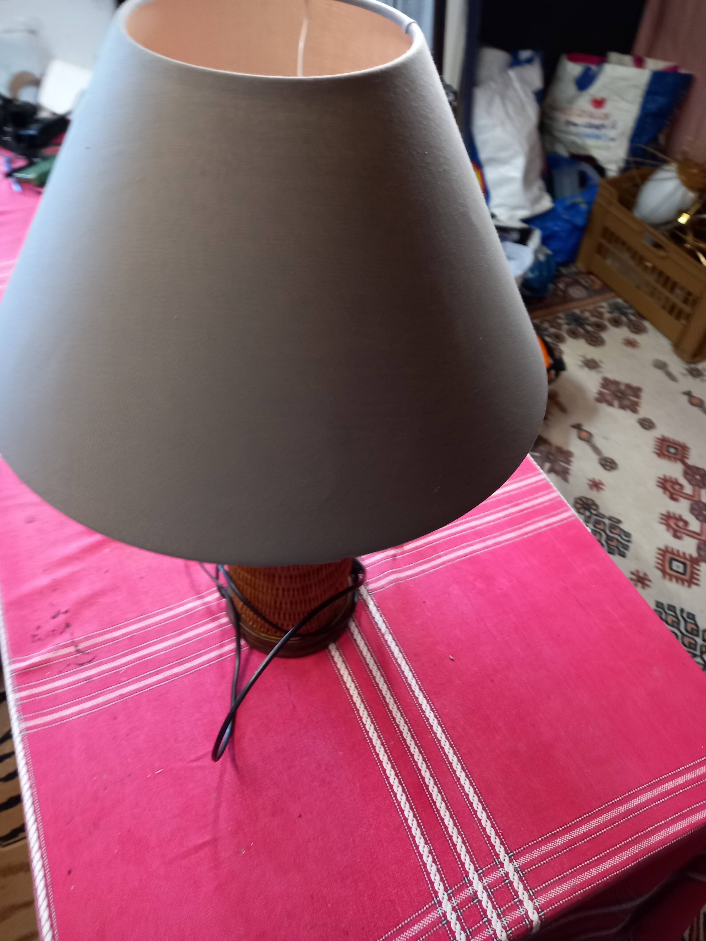 Pretty wicker and wood lamp with gray shade