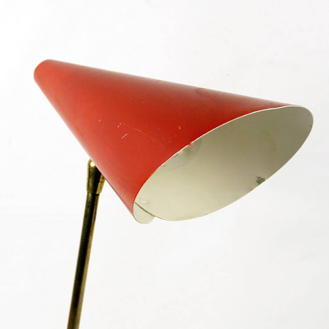 Red Austrian mid-century brass and iron table lamp by J.T. Kalmar