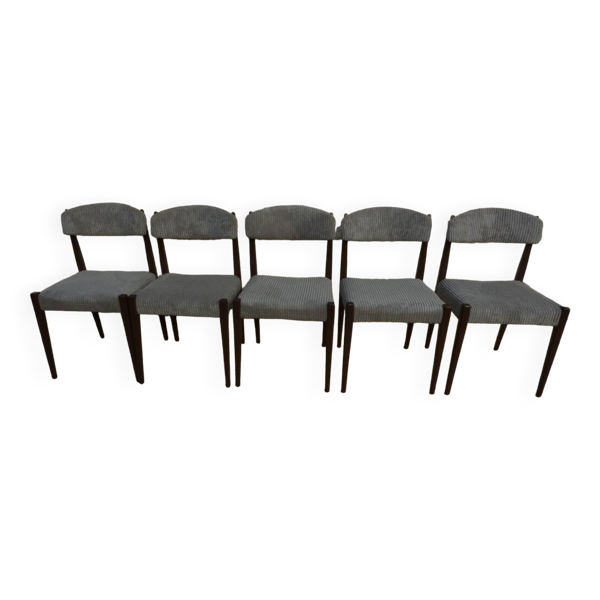 5 chaises de style scandinave en bois massif et velours gris, années 60