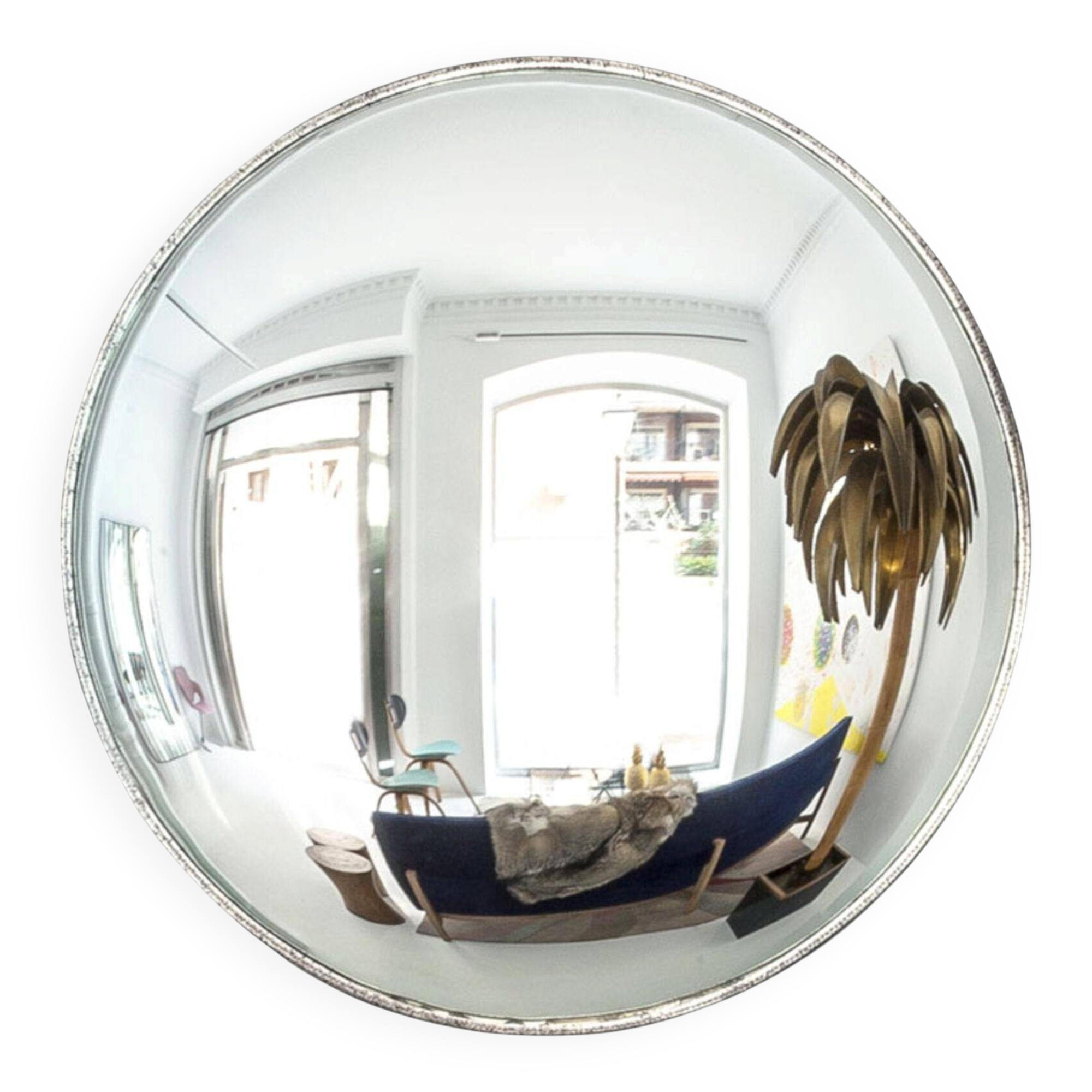 Mid Century Modern Style Large French Wall Mounted Round Convex Silver Mirror